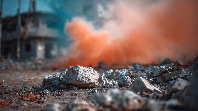 Urban combat scene with broken concrete debris in foreground, red smoke grenade haze in midground, and burning building silhouette in background with teal and orange contrast. Chaotic warfare and dest