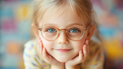 A young girl with blonde hair wearing glasses, lying on a colorful background with her hands resting on her face.