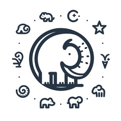 Fototapeta premium Stylized elephant illustration with nature and animal icons surrounding 