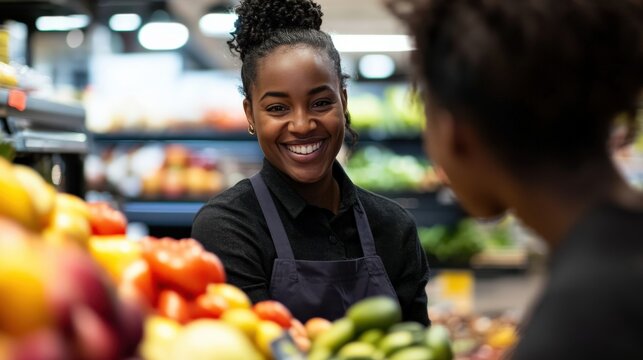 Smiling female grocer assisting customer in vibrant grocery store, showcasing fresh produce and fruits, creating a warm and inviting shopping experience