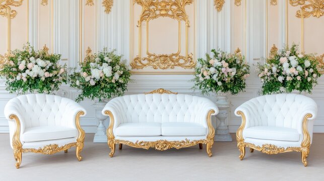 Opulent Elegance: A luxurious living space unfolds, featuring a pristine sofa and two armchairs, accented by ornate golden details and elegant floral arrangements.