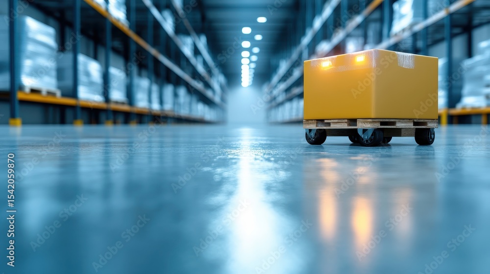 Poster an autonomous pallet cart moves through a spacious, organized warehouse, embodying modern efficiency