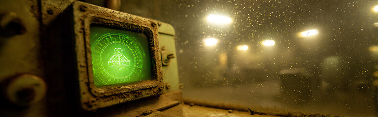 Abandoned underground missile silo interior with rusted metal control panel and dim green radar screen glow, dust particles floating in air, vintage Cold War era aesthetic.