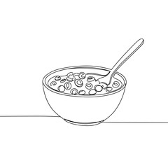 Line art of a bowl of cereal with spoon on table  