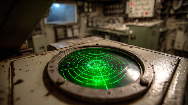 Abandoned underground missile silo interior with rusted metal control panel and dim green radar screen glow, dust particles floating in atmospheric Cold War era setting, vintage military aesthetic.