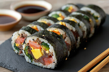 Gimbap rolls neatly sliced on slate plate with chopsticks and soy sauce.