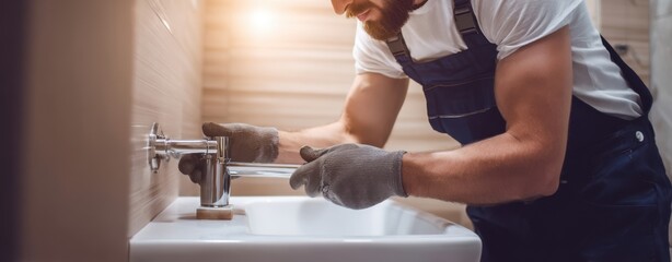 The skilled plumber working on a modern sink installation in a stylish bathroom.