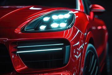 Close-up of a glossy red SUV's front end, highlighting its LED headlights and sculpted lines.  The deep black background accentuates the vehicle's vibrant color