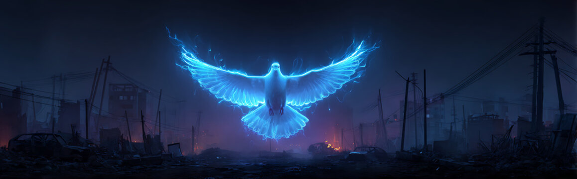 Holographic dove with neon blue light trails flying through shattered urban ruins, volumetric fog and particle effects creating cyberpunk atmosphere, digital art with symbolism of chaos and hope.