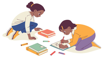 Two girls drawing on the floor with crayons and books scattered around in a brightly lit environment