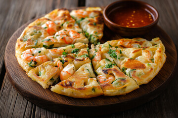Korean seafood pancake (haemul pajeon) on a wooden plate with dipping sauce, traditional setting.