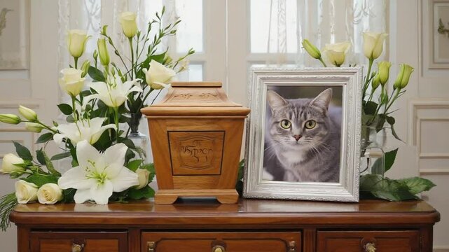 Urn with the ashes of a cat and its photo.