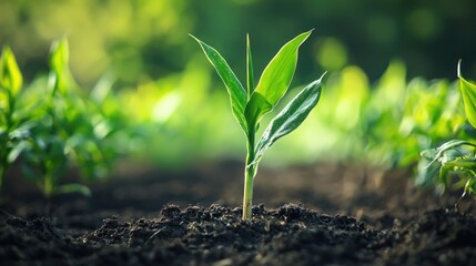 A young plant growing in a garden with green leaves and a blurred background.
