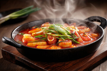 Korean tteokbokki bubbling in a cast iron pan with steam rising, served with fish cake and scallions.