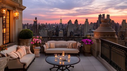 Stunning Sunset View from Luxurious Rooftop Terrace Overlooking New York City Skyline with Comfortable Seating and Soft Candlelight Glow