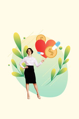 Composite 3D collage trend template of young woman stand finger point coins heart pills social foundation volunteer participation donation