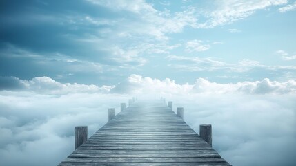 Obraz premium A wooden pier extending into the clouds with a blue sky in the background.