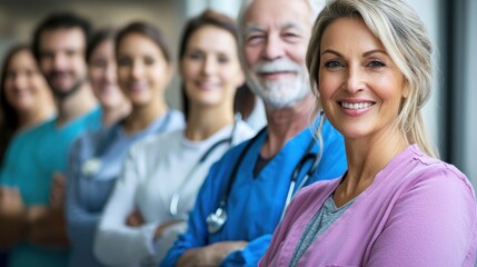 Fototapeta premium A group of healthcare professionals standing in a hospital corridor. The setting is a medical environment with a focus on medical staff and patients.