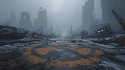Abandoned city square with giant rusted radiation symbol in center, decaying skyscrapers shrouded in thick fog under cold grey cinematic lighting. Post-apocalyptic urban decay concept.