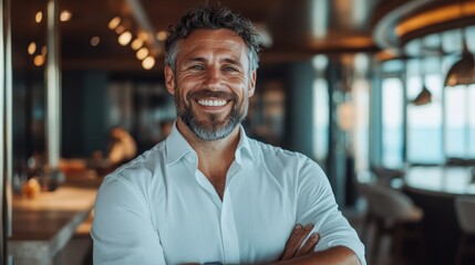 Fototapeta premium A charismatic businessman with a beard stands confidently in a stylish office environment, exuding positivity and professionalism while engaging with viewers.