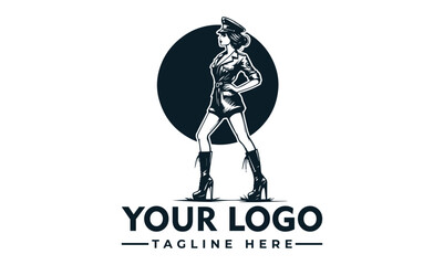 Stylish female figure in military-style uniform, logo design.