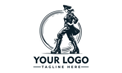 Stylish female pilot logo design, strong posture, monochrome illustration.