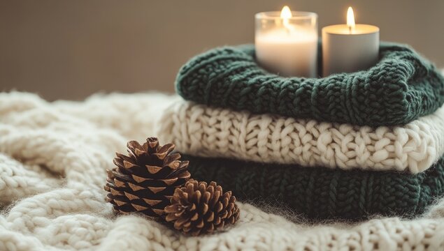 Cozy winter scene with candles and sweaters (2)