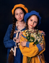 Portrait of beautiful girls sisters in beret and a bouquet of daisies posing on grey background. Beautiful curly hair.