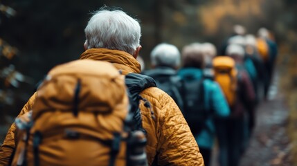 A line of elderly hikers traverses a peaceful forest trail, showcasing the beauty of companionship and the joy of exploring nature in later life through an adventurous spirit.