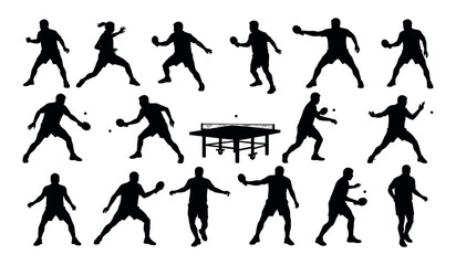 Silhouettes of Players in Various Action Poses Around a Table, Demonstrating Serves, Rallies, and Competitive Play