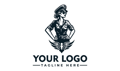 A stylized illustration of a woman in a police uniform, posing confidently, with wings.