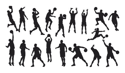 Silhouettes of Athletes in Various Game-Play Poses, Including Shooting, Dribbling, Passing, and Jumping Action