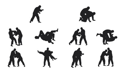 A Collection of Martial Artists in Various Throws, Grapples, and Groundwork Positions, Showcasing Combat Sports