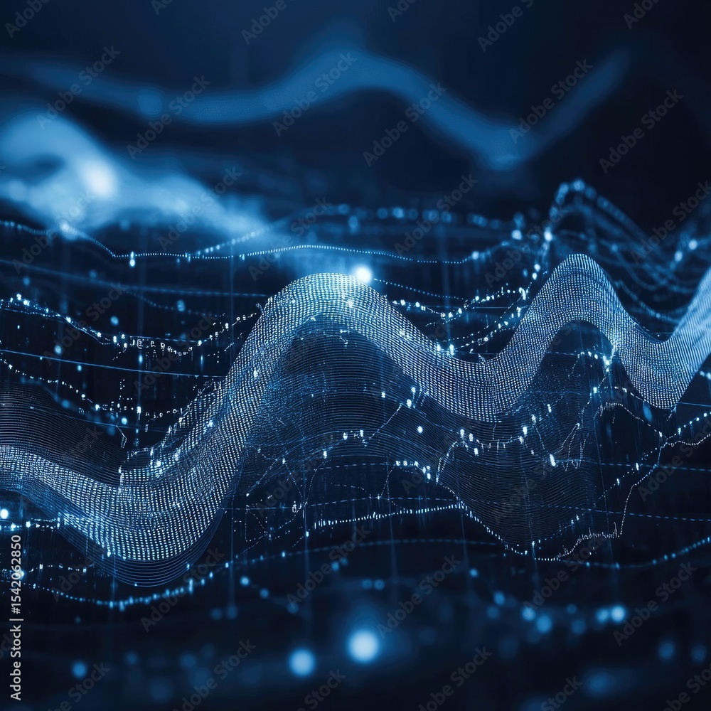 Poster abstract data visualization graphic, showing complex, flowing lines and data points in shades of blu