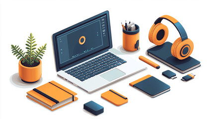 Laptop, headphones, stationery on desk online learning setup