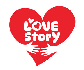love story, Two hands embracing a red heart. A symbol of love.