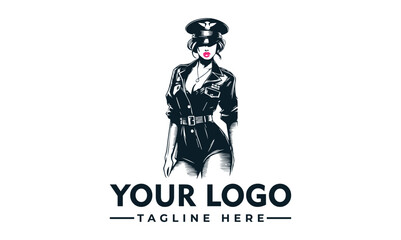 Stylish woman in military-inspired uniform, logo design.