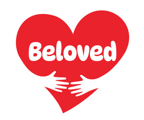 Beloved, Two hands embracing a red heart. A symbol of love.