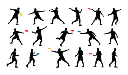 Dynamic Silhouettes of Ultimate Frisbee Players in Action – Capturing Various Throws, Catches, and Running Poses with Colorful Discs for Sports and Fitness Designs