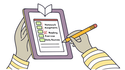 Person completing a checklist with homework assignments reading exercise and daily routines on a clipboard
