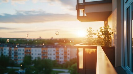 Sunset view from a balcony overlooking a city.  Golden light illuminates the cityscape