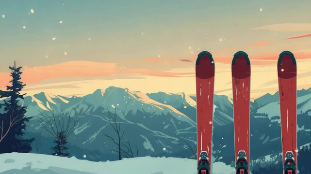 Sets of skis and poles standing in the snow against a backdrop of mountains. Suitable for ski resort vacations or winter sports enthusiasts.