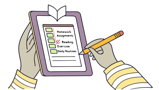 Person completing a checklist with homework assignments reading exercise and daily routines on a clipboard