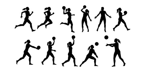 Dynamic Collection of Female Athlete Silhouettes in Various Sports Poses – Running, Throwing, and Playing with Balls, Ideal for Fitness and Sportswear Designs