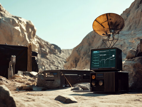 In a vast desert outpost, a classic pager crackles to life, receiving cryptic messages from a satellite AI network