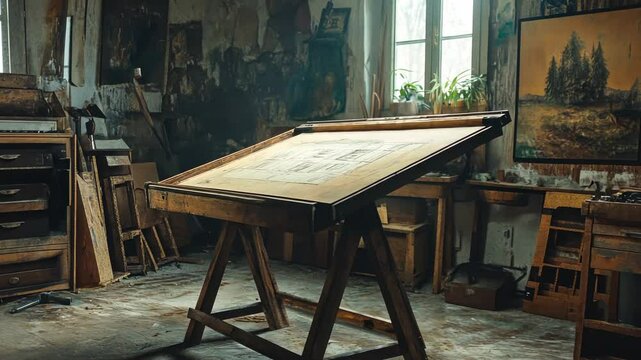 Aged wooden drafting table in a cluttered artist's workshop