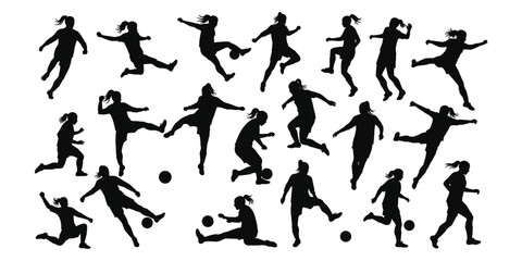 Dynamic Silhouettes of Female Soccer Players Kicking, Passing, and Dribbling Balls for Sports Design, Vector Art, and Athletic-Themed Illustrations