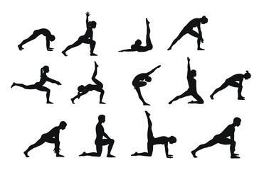Silhouette of people performing different yoga poses, stretching, exercise, fitness, flexibility, healthy lifestyle, workout, and body movement vector