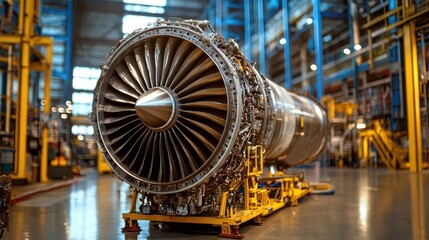 A large, industrial jet engine in a workshop with blue and yellow machinery in the background.
