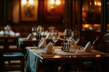 Generative AI image of elegant restaurant table setup for celebration dinner including birthday party wedding christmas and romantic anniversary